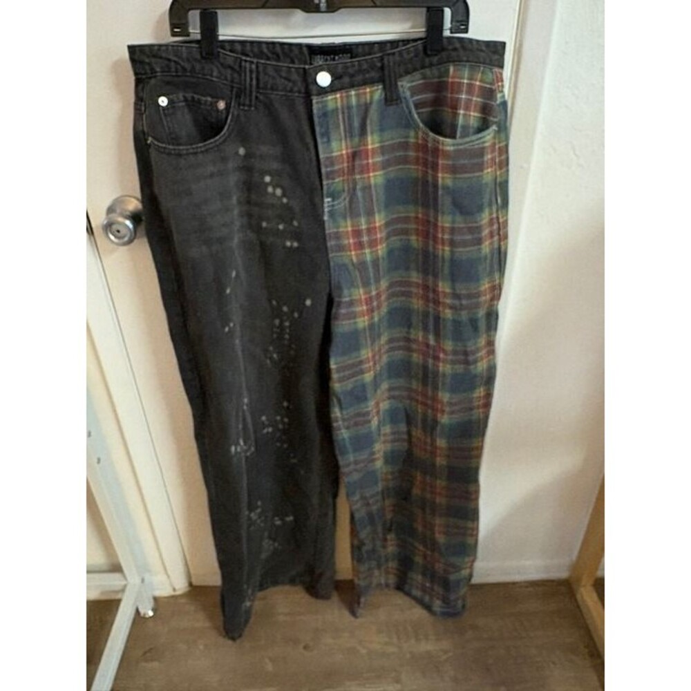 Current Mood Split-Leg Plaid & Washed Denim Pants